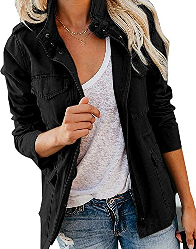 Pepochic Womens Military Jacket Zip Up Snap Buttons Lightweight Utility Anorak Field Safari Coat Outwear…