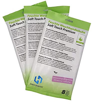 Soft Touch Premium Einmalwaschlappen Aloe Vera | 8 Stück | Feuchte Einmalwaschhandschuhe | Ideal für Reisen und Ausflüge