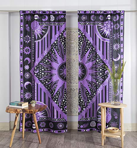 Popular Handicrafts Indian Burning Sun Hippie Mandala Window Curtains - Gypsy Bohemian Sun Moon Beautiful Drapery Bedroom Living Room Balcony Valance Panels Purple