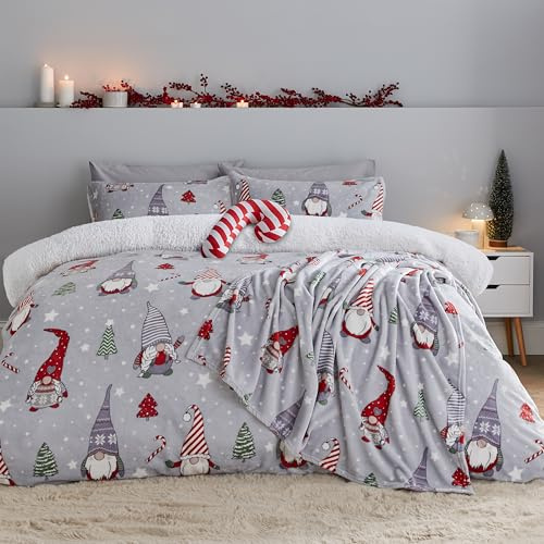 Catherine Lansfield Christmas Festive Gnomes Cosy Fleece Single Duvet Cover Set with Pillowcase Grey