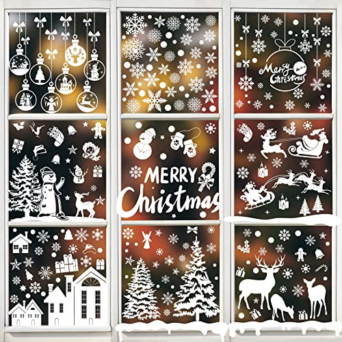 Bigqin 256 Pieces Christmas Window Sticker 2025 Xmas Window Film White Santa Claus Snowflake Reindeer Window Clings Reusable PVC Decals for Glass Winter Holiday Decorations, 9 Sheets