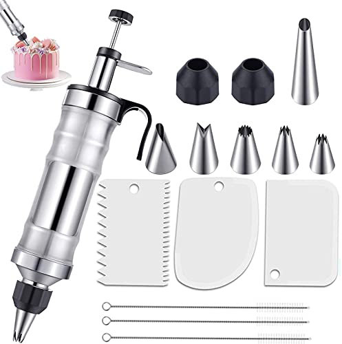 Icing Piping Kit, Stainless Steel Piping Tips and Nozzles Set for Cupcake Cookie Cake Decorating, Piping Tube Icing Syringe Reusable, DIY Baking Tools with Cream Scraper, and 6Pcs Syringe Nozzles