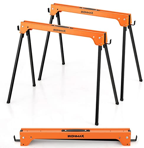 IRONMAX Saw Horses 2 Pack Folding, Heavy Duty Sawhorse 2644 LBS Capacity w/ 4 Detachable Hooks & 2x4 Fast Open Support Legs, Lightweight Sawhorses Bench Twin Pack for Woodworking