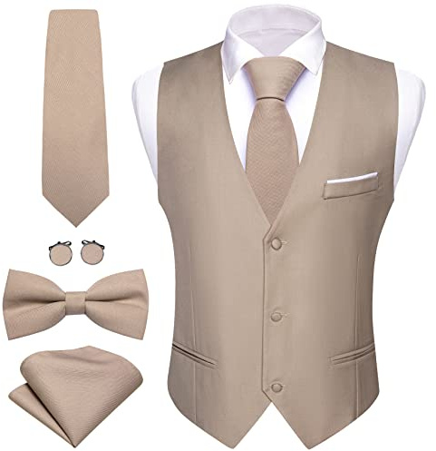 Barry.Wang Gilet Formale da Uomo per Business Slim Fit Casual Tinta Unita Set con Cravatta e Papillon per Matrimoni e Feste, Kaki chiaro., XL
