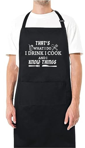 Be Buz Funny BBQ Black Chef Aprons for Men, I Cook and I Know Things Adjustable Kitchen Cooking Aprons with Pocket Birthday Father’s Day Christmas Valentine’s Day Gifts for Dad, Husband