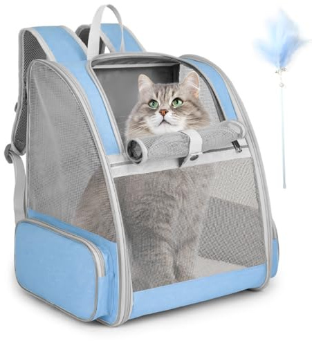 Cat Backpack Carrier, Large Pet Backpack with Kitten Wand Feather Toy for Medium Small Dog Cat Puppy Kitty Bunny up to 15lbs, Ventilated Mesh Dog Travel Carrier for Hiking Walking Outdoor Use (Blue)