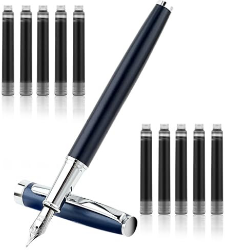 TIESOME Metal Fountain Pen Set, 0.5mm Fine Nib Fountain Pen with 10 2.6mm Black Ink Cartridges Luxury Calligraphy Pens Smooth Writing Pen Gift for Office School Business Supplies(Blue)