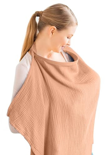 Aolso Breastfeeding Cover Nursing Cover, Muslin Cotton Soft Breathable Nursing Cover, Adjustable Strap Breast Feeding Coverall for Car Seat Blanket and Stroller Coverall (Orange）