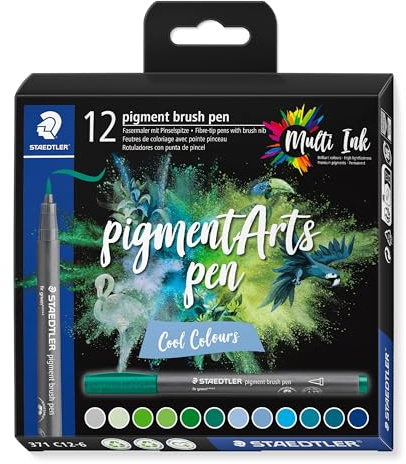 STAEDTLER Brush pen pigment Arts, tinta de dibujo premium, punta de pincel para ancho de línea variable, impermeable, secado rápido, 12 rotuladores en colores surtidos en estuche de cartón, 371 C12-6