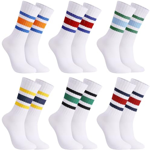 GGSTDDUP 6 Pairs Crew Sport Socks Women Striped Crew Socks Retro Athletic Socks Casual Cotton Stretchy Socks Unisex MultiColor, Large-X-Large