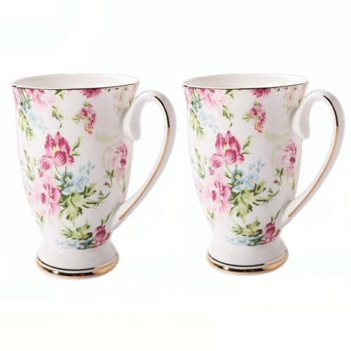 MIATTCLD Kaffeebecher 2er set, Blumenmuster Porzellan Kaffeetasse Trinkbecher, 300 ml Knochen China Teetassen mit Griff für Kaffee Tee Milch Cappuccino (A)