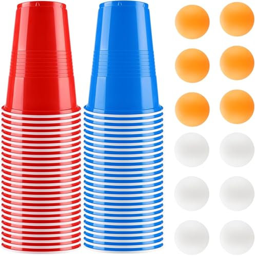 Cisixin Lot de 50 gobelets à bière pong recyclables, avec 12 balles de ping-pong, jeux à boire pour adultes, jeux de table pour fêtes et festivals