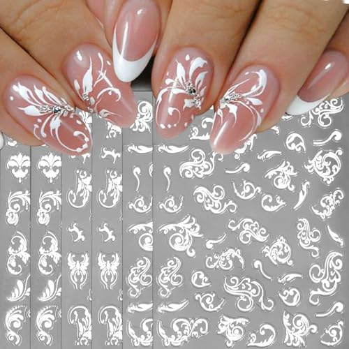 6 Feuilles D'autocollants pour Nail Art 5D Stéréo en Relief, Fleur Stickers Ongles Nail Art Autocollants, 5D French Autoadhésif Autocollant Blanc Stickers pour Ongles, Accessoires pour Nail Art