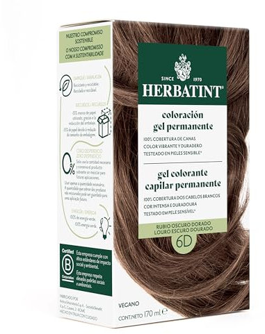 Herbatint Tinte Permanente para Cabello 6D Rubio Oscuro Dorado - 170 ml | Sin Amoníaco, Cobertura Óptima de Canas | Dermatológicamente Probado, con 8 Extractos Naturales