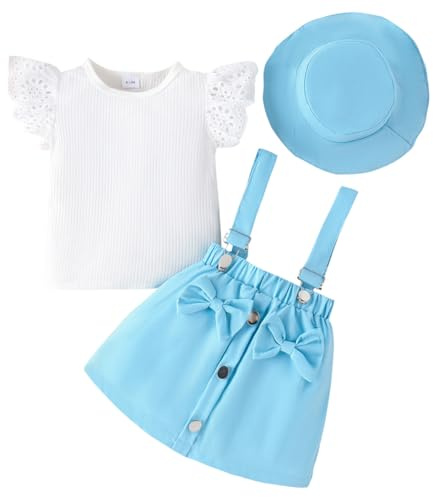LUVCES Conjunto de Verano Ropa para Bebe Niña Volant Manga Corta de Encaje top + Falda con Tirantes + Sombrero Elegante 3 Piezas Verano Conjuntos Ropa 3Pcs Azul 6-12 Meses