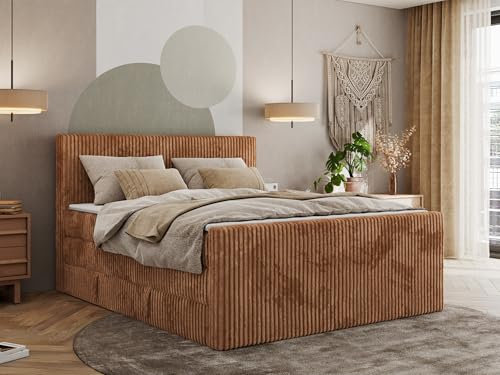 MKS MEBLE Boxspringbett Cord 200x200, Polsterbett Bett Cord, Boxspringbett mit Matratze H4,Bett mit Bettkasten and Kopfteil, Doppelbett mit Stauraum - Tiliano King Duo - Orange Cord - H4
