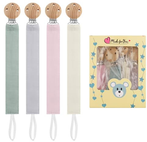 DOUUCO 4er Pack Schnullerkette Stoff, Schnullerketten mit Buchenholz Clip, Schnullerband Stoff für Jungen & Mädchen, Personalisiert Nuckelketten für Kinderwagen Hochstuhl Zubehör