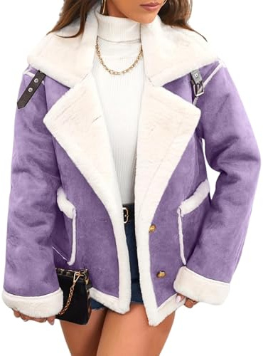 Dam fuskmocka sherpa fodrad jacka, knappar kort pälsrockar, vinter varm outfit trendig, Lila, M