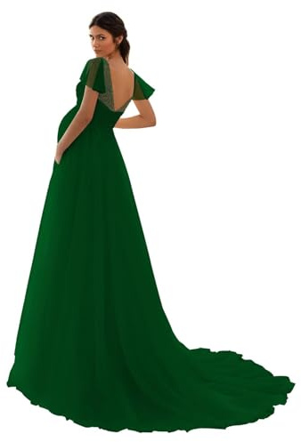 HAIBFJIN Vestido de maternidad de tul, cuello en V, vestido de novia para embarazadas, vestidos de maternidad para baby shower, sesión de fotos, verde oscuro, 50