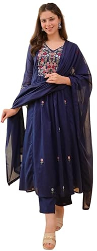 MONEYFAB Women’s Embroidered Anarkali Kurta Set with Dupatta – Festive & Party Wear Ethnic Outfit (US, Alpha, X-Large, Regular, Regular, Navy Blue)