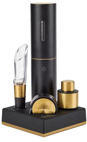 RBT 5-Piece Electric Wine Set with Automatic Corkscrew, Aerator, Foil Cutter, Vacuum Preserver, Charging Base, Black and Gold