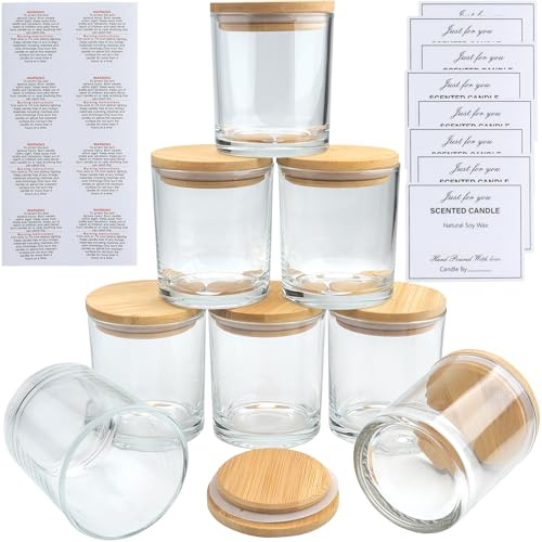 LHNNDM 8 Pack 10 oz Frosted Glass Candle Jars with Bamboo Lids- Bulk Empty Jars （315ml ）for Making Candles - Spice, Powder Containers - Dishwasher Safe (Clear Candle Glass Cup)