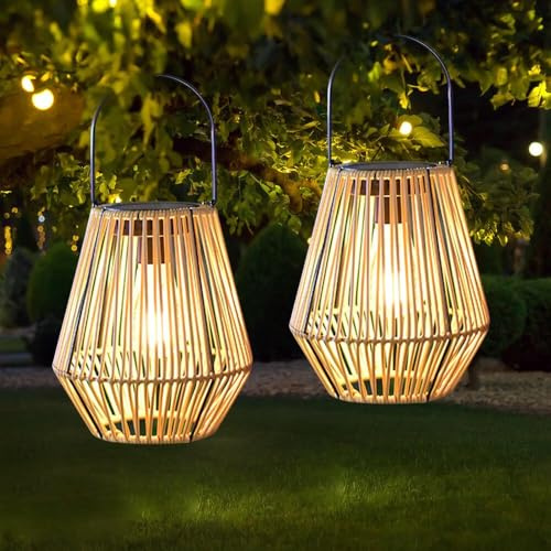 HOVCEH Lanterna Solare per Esterni, 2 Pezzi Lanterna Solare Rattan, LanternaSolare da Esterno Rattan, IP65 Impermeabile Lanterna SolareEsterno per balcone, terrazza, decorazione del Giardino