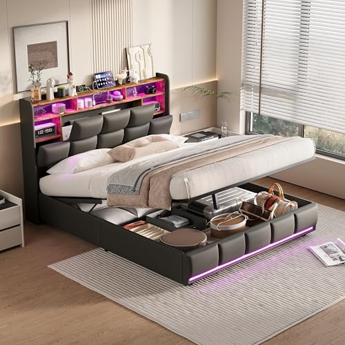 Poeahu Letto baule 160 x 200 con rete a LED e USB, letto matrimoniale imbottito con contenitore idraulico e testata per letti imbottita, letti 2 persone con rete a doghe in legno, senza materasso