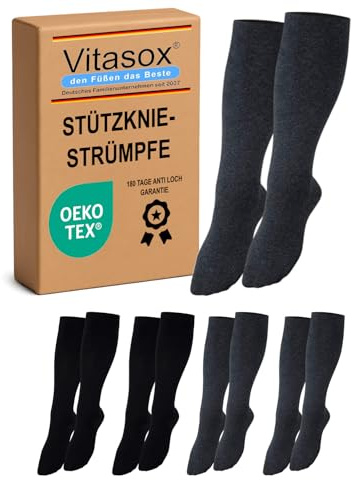 Vitasox Stützkniestrümpfe für Damen & Herren, 4 Paar schwarz/anthrazit 39/42, Reisestrümpfe aus Baumwolle mit Kompression für Flug, Büro und Auto, Thrombose Socken gegen geschwollene Beine, 44450-58