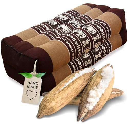 livasia Block Yogakissen eckig - 17x34x12cm - Meditationskissen mit Kapok, Stützkissen Bolster rechteckig, Yoga Pilates Zubehör Nackenkissen, Thaikissen fest handgefertigt (Braun/Elefanten)