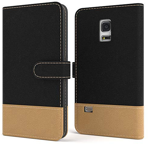 EAZY CASE Tasche kompatibel mit Samsung Galaxy S5 Mini Stoff Schutzhülle mit Standfunktion Klapphülle Bookstyle, Handytasche Handyhülle mit Magnetverschluss und Kartenfach, Kunstleder, Schwarz
