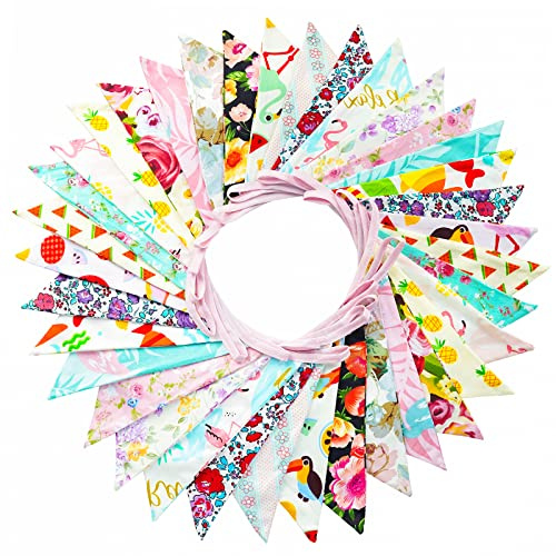 G2PLUS 36PCS Double Sided Fabric Bunting, 10M Blue and Pink Floral Cotton Banner, 17x19CM Large Triangle Garland Reusable for Indoor and Outdoor Party Decoration