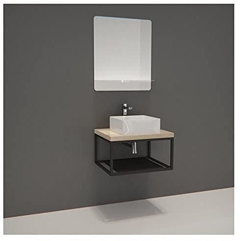 Mueble de baño de madera y metal Will – encimera colgante de 60 cm + estructura de metal negro mate + lavabo + espejo