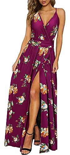 Newshows Women's Summer 2025 Dress V Neck Spaghetti Strap Beach Outfits Casual Floral Split Long Maxi Dress for Spring Wedding Guests(Red Floral Orange, Medium)