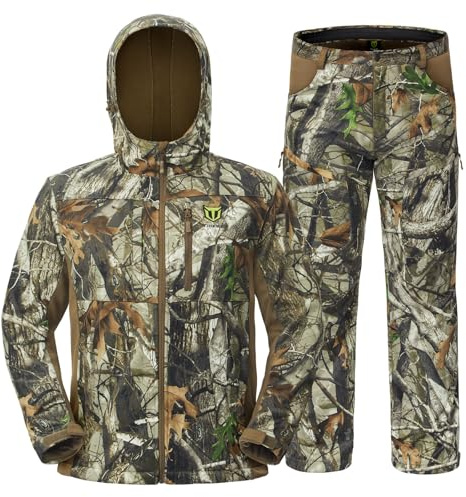 TIDEWE Hunting Clothes for Men with Fleece Lining, Safety Strap Compatible Water Resistant Silent Jacket and Pants, Hunting Suit for Climbing Hiking Trekking Camping (Next Camo G2 Size L)