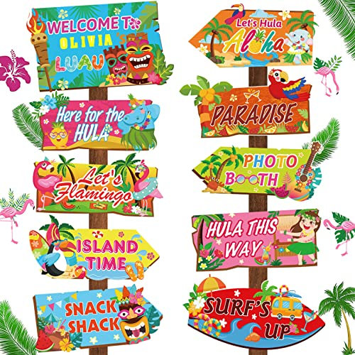 DPKOW 20pcs Panneau de Bienvenue pour Tropical Hawaïenne Fête Décorations, Aloha Luau Fête Bienvenue Flèches Panneau pour Été Hawaïen Fête Photo Props Décoration Tiki Bar, avec 4 Feuilles Autocollants