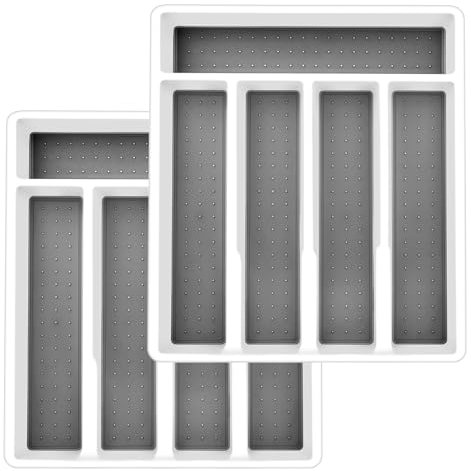 HaWare Besteckkasten für Schubladen, 2 Stück Kunststoff Besteckeinsatz mit 5 Fächern, Küche Schubladeneinsatz für Löffel Gabeln Messer, Weiches Futter & Rutschfeste Gummifüße, Weiß & Grau, 32,5x29cm