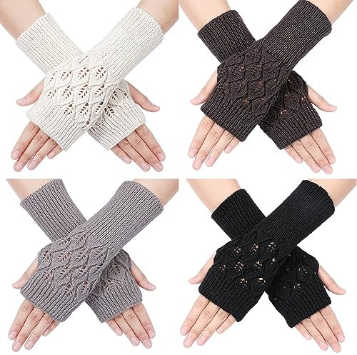 TAGVO 4 Paar Fingerlose Handschuhe Damen Winter, Armstulpen Gestrickt, Klassische Freizeit Ohne Fingerkuppen, Tastatur Handschuhe Warme Herbst-und Winter