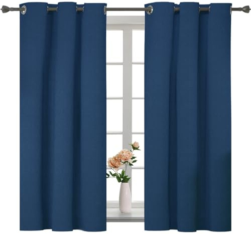 YSTELLAA 100% Mörkläggningsgardin 2 Stycken, 117 X 137 CM, linne dekorativ, Sovrum Termiska Gardiner Med Öljetter, Ljudisoleringsgardin, Värmeisolerande Gardiner För Vardagsrum, Blå