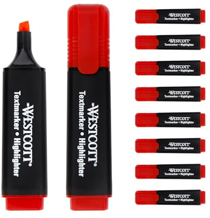 Westcott 10 st röd highlighter | Förpackning med 10 ljusröda markeringspennor | 2–5 mm linjetjocklek | Premium bläck från Tyskland | E-743648 00