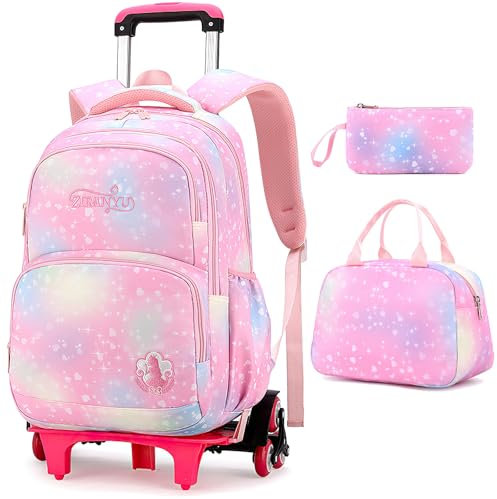 3PCS Schulrucksack Rollen Mädchen Trolley Rucksack mit Rollen Mädchen Teenager Schultasche Grundschule Rollen Backpack Teens Girl Rosa 32X18X45cm