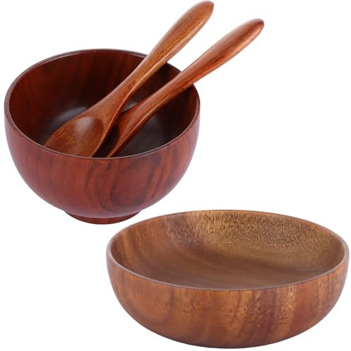 WOPPLXY Wooden Salad Bowl and Servers Set - 12CM 10CM Wood Serving Bowl Fruit Bowl with Servers Utensils Set - Round Wooden Serving Bowls for Salad, Fruits, Yogurt