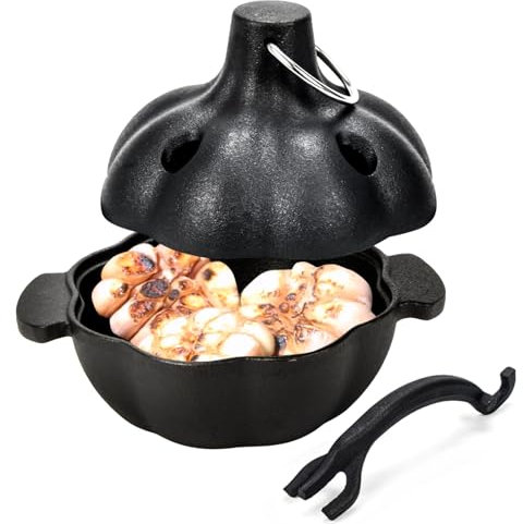 IPROUDER Cast Iron Garlic Roaster with Handle, Smoker Roaster, Garlic Cooker, Garlic Baker, Garlic Roasting Pot, Potato Baker, Mini Cocotte, Used in the Kitchen Oven or Outdoors on a BBQ Grill Stove