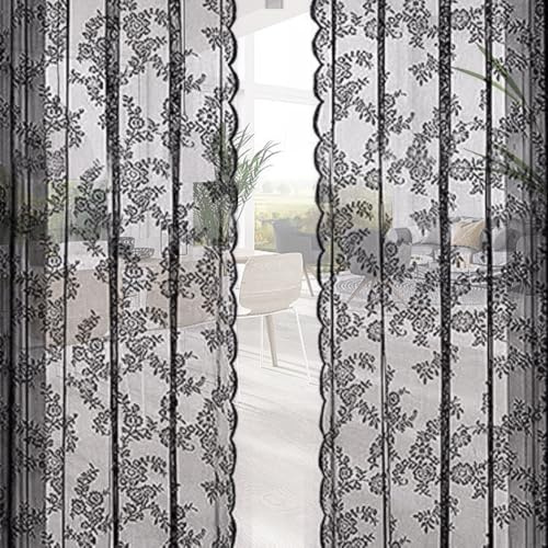 EUIEUT 2 Pezzi Tende per Interni 145x230cm Tende Finestre Voile Semi Trasparenti Tenda in Pizzo Nero Tende Soggiorno Eleganti con Anelli Tende per Interni Moderne per Camera da Letto e Soggiorno
