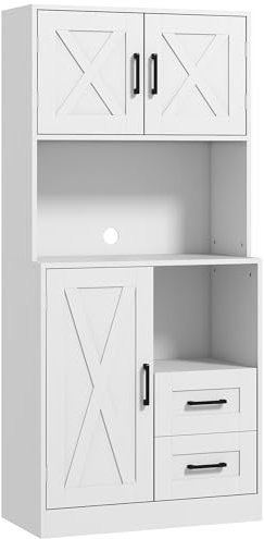 HOMCOM Alacena de Cocina Rústico Armario de Cocina con 3 Puertas Compartimentos Abiertos 2 Cajones Orificio Pasa Cables y Estantes Ajustables 70x40x180 cm Blanco