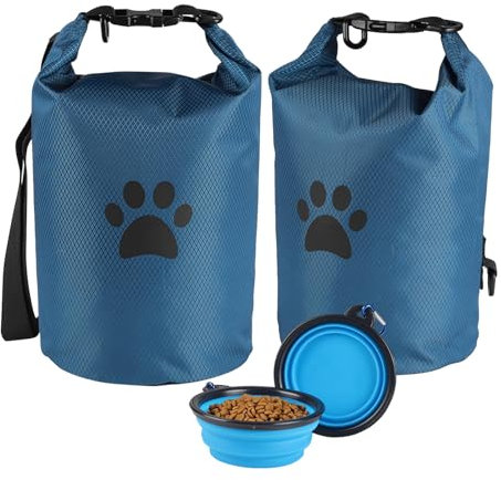 Kompakte Hunde-Reisetasche, 2 Stück, 4,98 kg Tiernahrung Aufbewahrung mit faltbaren Näpfen, auslaufsicheres Design für Autofahrten, Camping, Tagesausflüge (Blau)