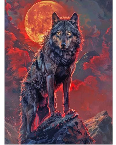 SHEGZHUC 40 x 50 cm Diamond Painting Wolf Diamond Painting Pictures Wolf Diamond Painting Adult Animals Moon Red Black Mosaic Diamond Painting Art Embroidery Cross Stitch Pictures Gift Wall Decoration