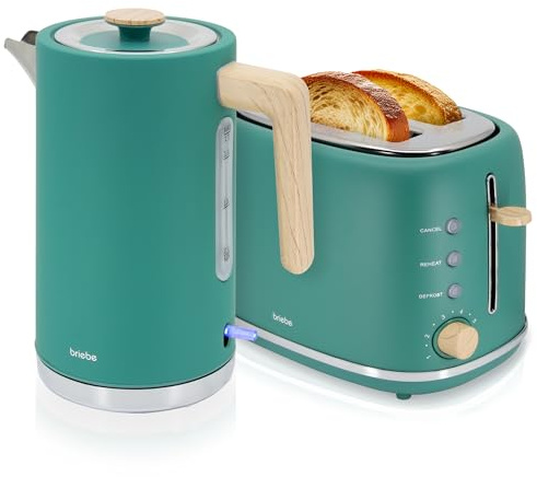 briebe Nordic Set Toaster 2 Scheiben Breite Schlitze mit Brötchenaufsatz, 6 Toast Stufen + Wasserkocher 1,7L Elektrischer 2200W Schnell Aufheizender, BPA-frei, Frühstücksset Nordisches Design, Grün