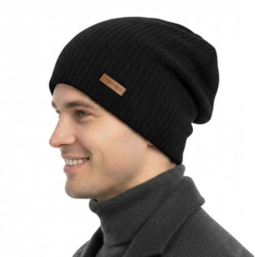 TOP-EX XL/XXL Merinowolle Slouch Beanie Herren Mütze Damen Winter Warm Unisex Strickmuetze mit Satinfutter Schwarz M/L
