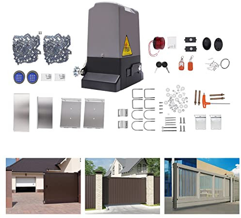 Ouvre-porte coulissant automatique avec 2 télécommandes, kit d'ouvre-porte coulissant à chaîne robuste de 750 W, opérateur de portail coulissant complet pour portes en acier inoxydable, fer et bronz